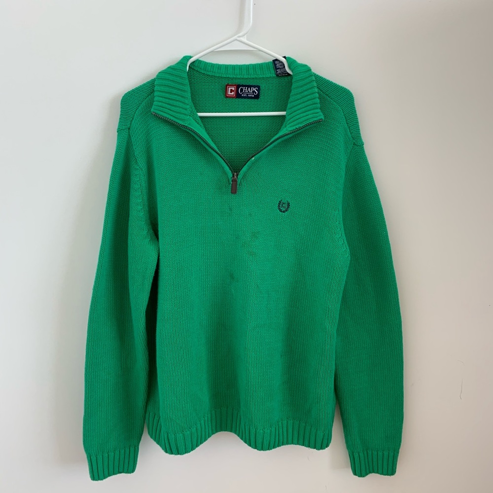 green knit zip up sweater
